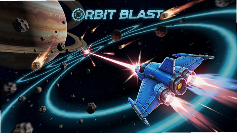 Orbit Blast游戏主界面展示,一艘蓝色飞船在星空轨道上发射激光,背景有行星和陨石,霓虹光效,动态模糊,高质量游戏截图,16:9比例,色彩鲜艳,细节丰富