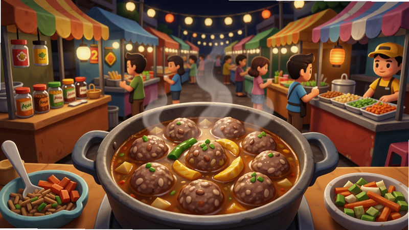 肉丸模拟器 2 主界面预览图,画面中心是一个热气腾腾的肉丸汤锅,背景是热闹的印尼街头夜市,摊位上摆满了各种调料和配料,色彩鲜艳,人物卡通风格,细节丰富,适配Boogu模型生成。