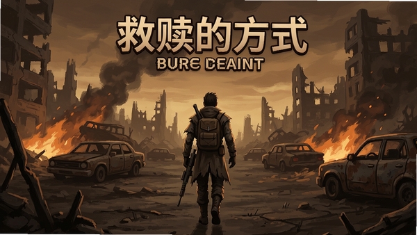 救赎的方式 游戏主界面 角色在废土中前行 背景是废墟与火光