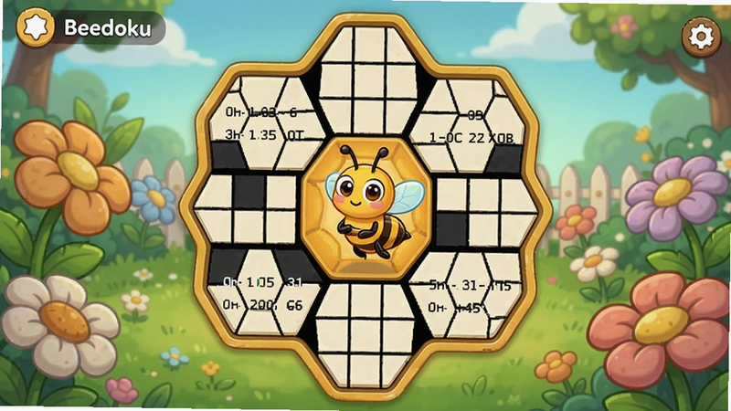 Beedoku游戏主界面,蜂巢形状的九宫格数独棋盘,中央有蜜蜂角色,背景为花园,色彩明亮,卡通风格,画面清晰,适配Boogu模型生成