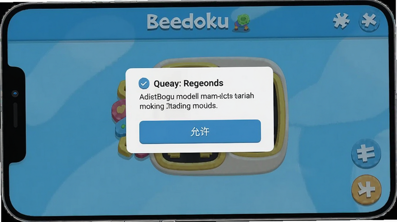 Beedoku游戏安装界面截图,显示权限请求弹窗,手机屏幕,蓝色主题,有“允许”按钮,适配Boogu模型生成