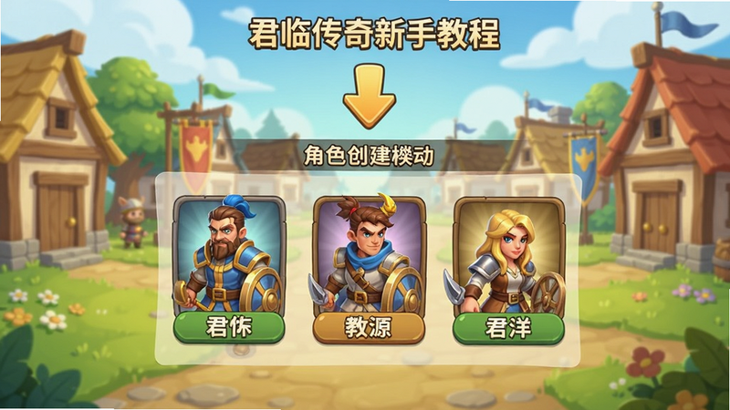 君临传奇新手教程界面,显示角色创建界面,三个职业选择,画面上方有指引箭头,背景是新手村,色调明亮柔和,卡通渲染风格,适合新手引导场景