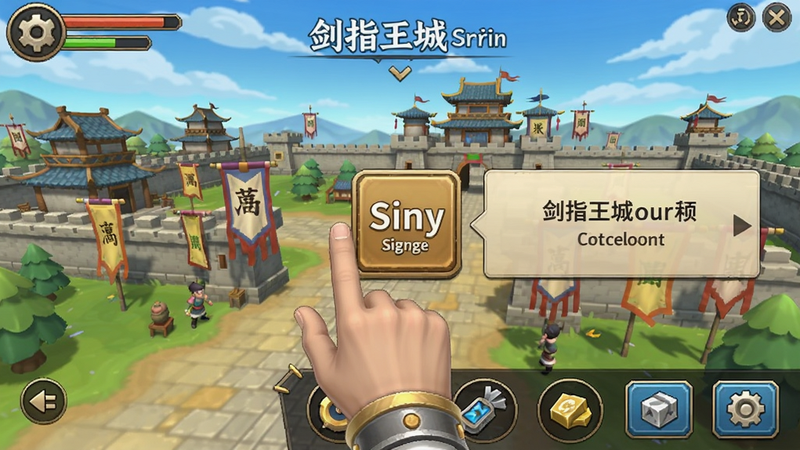 剑指王城新手教程截图,显示游戏主界面和资源按钮,玩家手指点击签到图标,旁边有提示框,背景为城池内景,颜色明亮