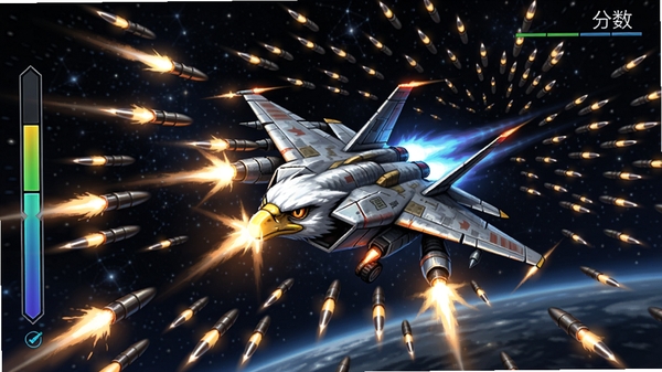 傲气雄鹰周年版 游戏主界面 战机在星空背景中发射子弹 弹幕密集 左侧有能量条 右侧分数 高清画质