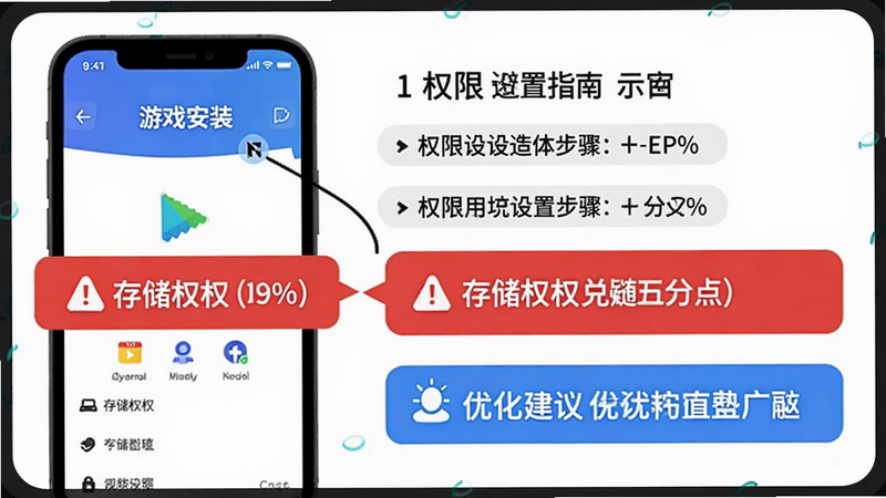 新手避坑指南示意图,画面为手机屏幕显示游戏安装界面,旁边列出权限设置步骤,红色警告框高亮存储权限,蓝色提示框显示优化建议,整体风格简洁清晰,适合Boogu模型生成。