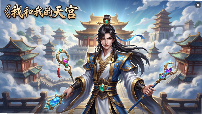 一幅展现《我和我的天宫》游戏主界面的精美截图,背景是云雾缭绕的天宫建筑群,前景有主角角色站立,身穿华丽仙袍,手持法宝,画面色彩鲜艳,细节丰富,整体风格为中国风仙侠,分辨率高清,适合作为游戏预览图。