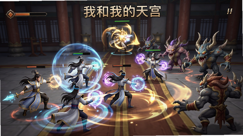 一张展示《我和我的天宫》游戏战斗场景的截图,画面中多个仙侠角色正在释放技能,特效华丽,敌方怪物造型各异,背景是古风宫殿,色彩丰富,细节清晰,适合作为游戏战斗预览图。