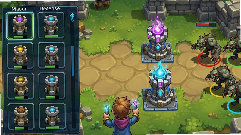 Magic Defense 游戏战斗场景,玩家正在布阵,屏幕左侧显示塔防选项,右侧有魔法塔放置中,怪物从右边出现,画面色彩明亮,细节清晰,适合教程配图