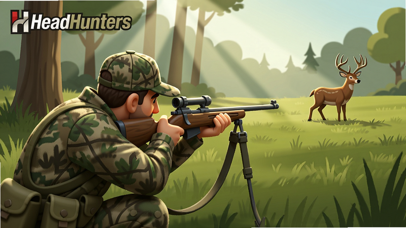 A hunter in camouflage kneeling in a grassy field, aiming a rifle at a distant deer, sunlight filtering through trees, realistic graphics, HeadHunters logo in top left corner, Boogu style illustration