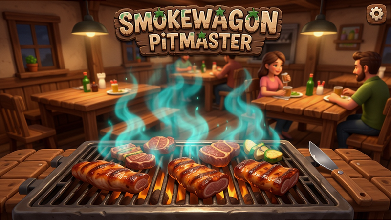 Smokewagon Pitmaster游戏主界面截图,展示一个德克萨斯风格烧烤餐厅,前景有烤架上的烤肉冒着青烟,背景是木质餐桌和顾客,暖色调灯光,细节丰富,适合Boogu模型生成