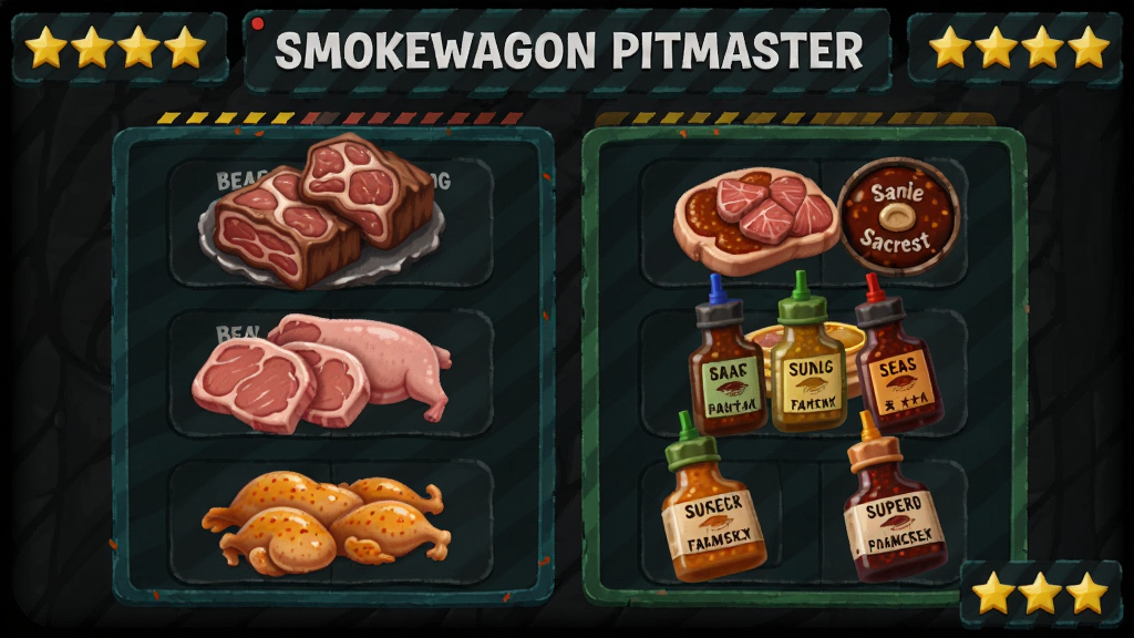 Smokewagon Pitmaster中食材搭配界面,展示不同肉类和酱料组合,色彩鲜艳,有牛肉、猪肉、鸡肉和多种酱料瓶,角落有星级评分,适合Boogu模型生成