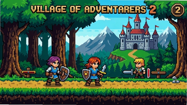 Village of Adventurers 2 游戏主界面,角色在森林中冒险,背景有城堡和山脉,像素风格,画面色彩丰富