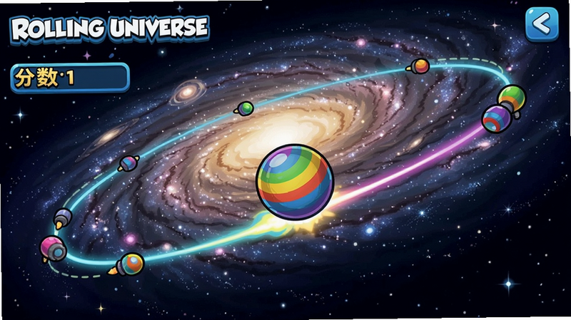 Rolling Universe游戏主界面截图,一个彩色小球在星空轨道上滚动,背景是银河系,画面中央是小球,左侧有分数显示,整体色彩明亮,卡通风格。