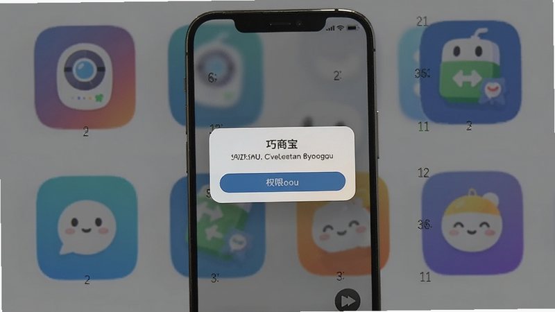 巧商宝安装界面,手机屏幕显示权限请求弹窗,背景为应用图标,坐标居中,适配Boogu模型生成。