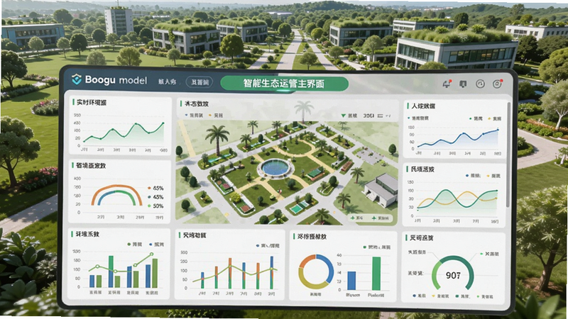 智慧生态运管主界面预览图,展示实时环境数据仪表盘,背景为绿色生态园区,界面整洁,数据可视化图表清晰,适配Boogu模型生成