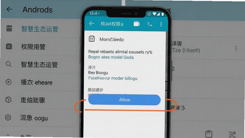 智慧生态运管安装步骤截图,显示手机权限授予界面,背景为安卓系统设置,突出允许按钮,适配Boogu模型生成