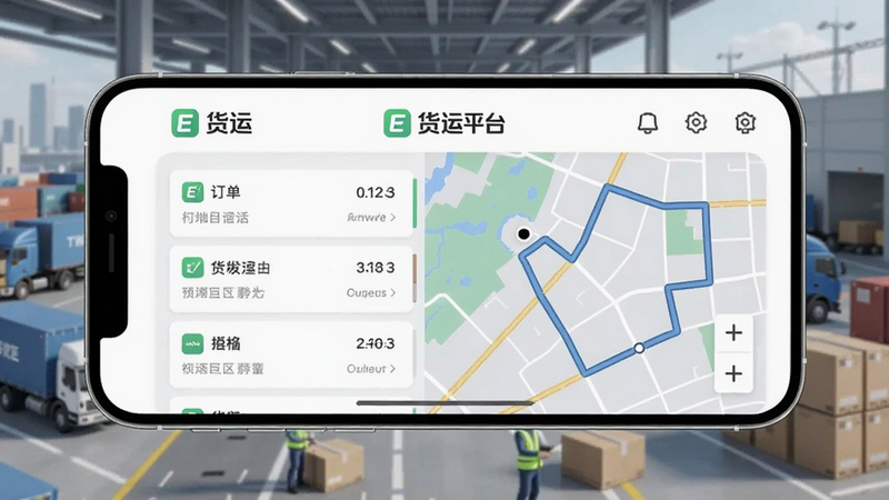 一张展示E货运平台主界面的屏幕截图,手机屏幕中央显示订单列表和地图路线,顶部有E货运平台logo,背景为城市物流枢纽场景,蓝色主色调,画面清晰明亮,适配Boogu模型生成