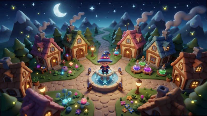 Moonlight Peaks 魔法小镇全景俯视图,画面中央是主角魔法师站在喷泉广场,周围分布着彩色屋顶的房屋、魔法花园和药水工坊,背景是朦胧的月光山脉,天空中有闪烁的星星和萤火虫,整体色调温暖梦幻,卡通渲染风格,适配Boogu模型生成