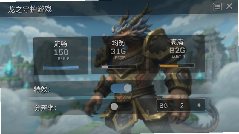 龙之守护游戏内设置界面截图,显示画质调节选项,包括流畅、均衡、高清三档,下方有特效开关和分辨率选项,界面风格简洁,背景有模糊效果