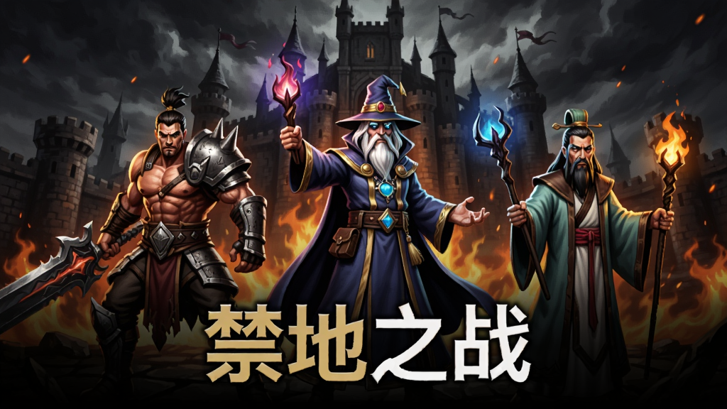 生成一张禁地之战游戏宣传图,画面中央站立三位职业角色(战士、法师、道士),背景为古老城堡与火焰特效,暗黑风格,细节丰富,色彩对比强烈。