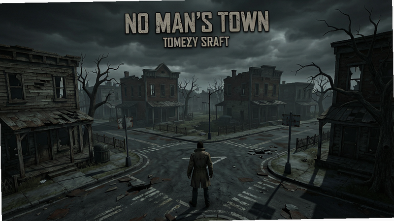 No Man's Town游戏主界面,一个废弃的小镇全景,主角站在破旧的十字路口,周围是残破的楼房和阴森的树木,天空乌云密布,整体色调偏暗,画面细节丰富,展示游戏核心场景。