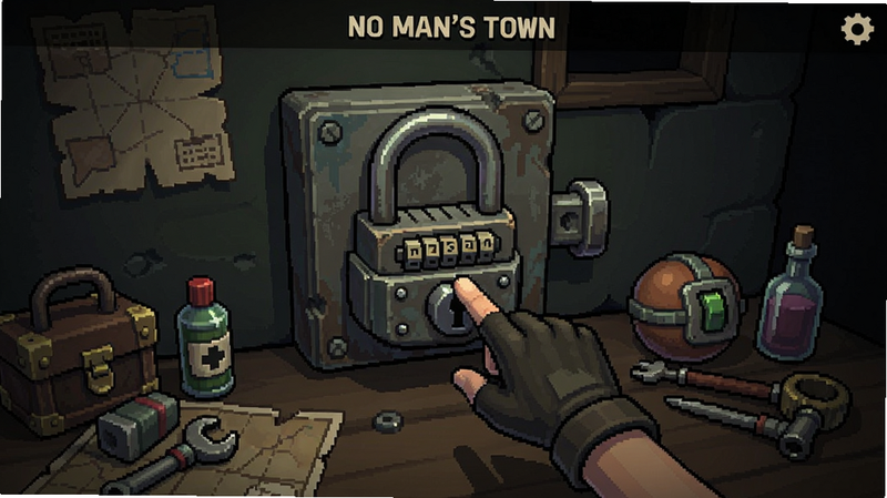 No Man's Town游戏内解谜界面,一个玩家正在操作密码锁,周围散落着道具,画面展示游戏操作细节和氛围。
