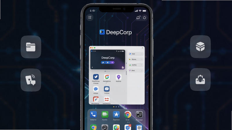 DeepCorp软件主界面预览图,画面中心是一台手机屏幕,屏幕内显示DeepCorp模拟器启动后的桌面布局,背景采用深色科技感渐变,左右两侧有悬浮功能按钮,整体风格现代简洁,适配Boogu模型生成。