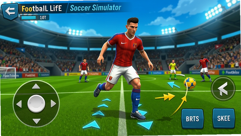 Football Life Soccer Simulator 游戏操作界面教学截图,显示虚拟摇杆和传球按钮位置,球员脚下带有方向指示,背景为比赛进行中,色调明亮。