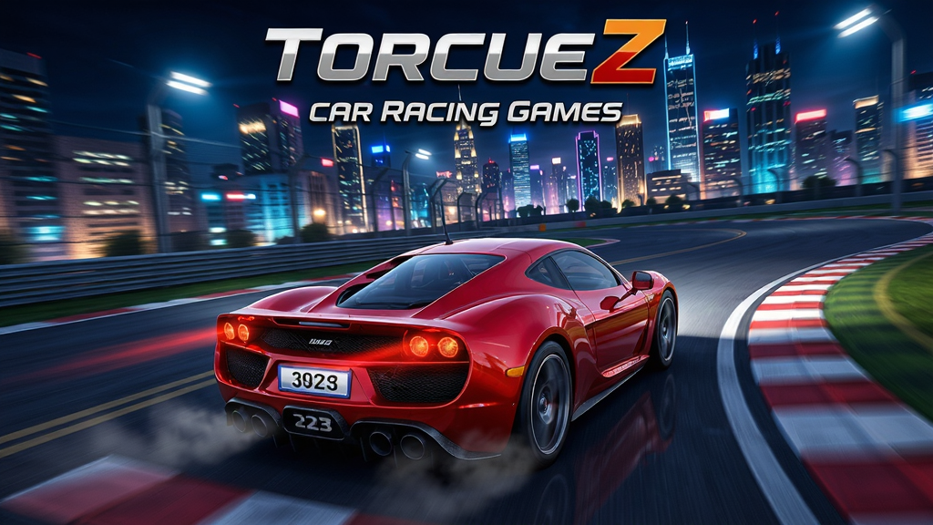 TorqueZ: Car Racing Games游戏主界面预览,一辆红色跑车在赛道上飞驰,背景是繁华都市夜景,画面明亮,细节丰富,博古模型生成