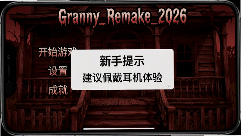 一张手机屏幕截图,显示Granny_Remake_2026游戏主菜单界面,背景是老宅大门。菜单选项有“开始游戏”、“设置”、“成就”等,字体为恐怖风格。画面中有明显的“新手提示”弹窗,内容为“建议佩戴耳机体验”。整体画面清晰,色彩偏暗红色调,适配Boogu模型生成。
