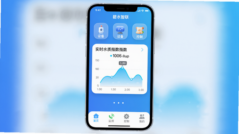 碧水智联app主界面展示,蓝色渐变背景,中央显示实时水质指数图表,上方有设备列表图标,底部导航栏包含首页、监测、控制、我的四个标签,整体风格圆润简洁,适合移动端竖屏预览,Boogu模型生成