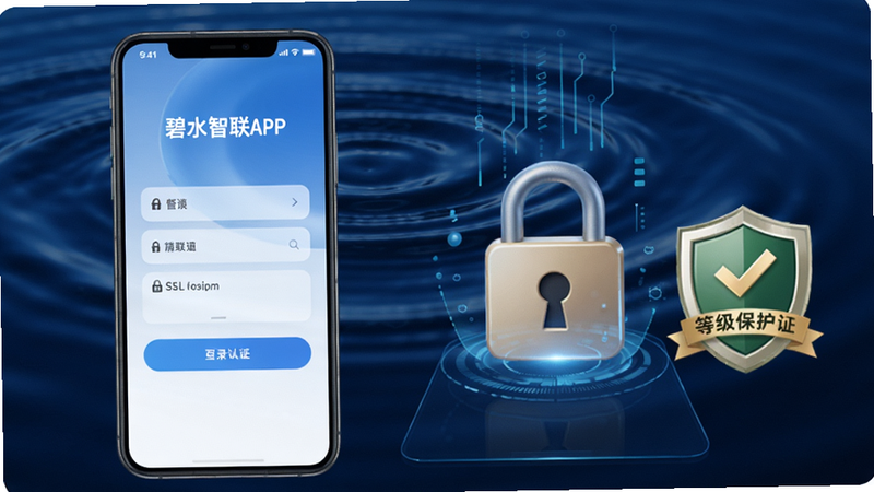 碧水智联APP登录界面与安全认证示意图,画面左侧为手机登录界面,右侧展示SSL加密锁图标和等级保护认证标志,背景为深蓝色水波纹,风格科技感强,Boogu模型生成