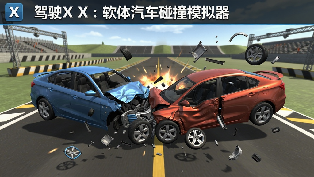 驾驶X:软体汽车碰撞模拟器(功能菜单-汉化版)游戏主界面截图,一辆正在碰撞的汽车,车身变形,零件飞散,背景是测试场地,画面极具冲击力,适配Boogu模型生成。