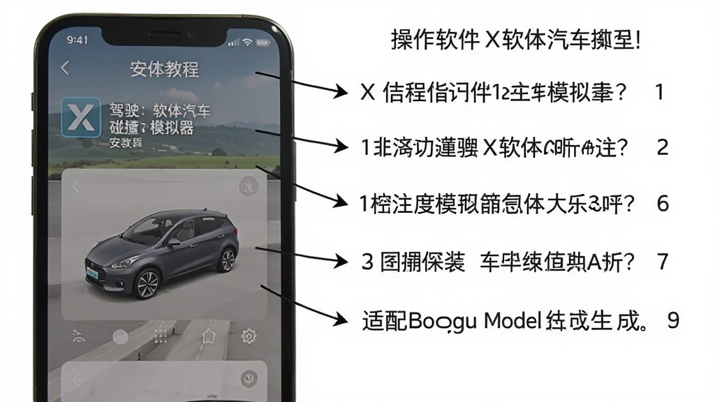 驾驶X软体汽车碰撞模拟器安装教程截图,手机屏幕显示安装界面,旁边有操作步骤提示,适配Boogu模型生成。