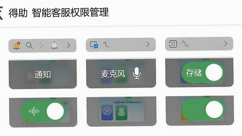 一张显示得助智能客服权限管理界面的截图,画面中有“通知”、“麦克风”、“存储”三个开关按钮,背景为白色,界面简洁清晰,按钮处于开启状态。