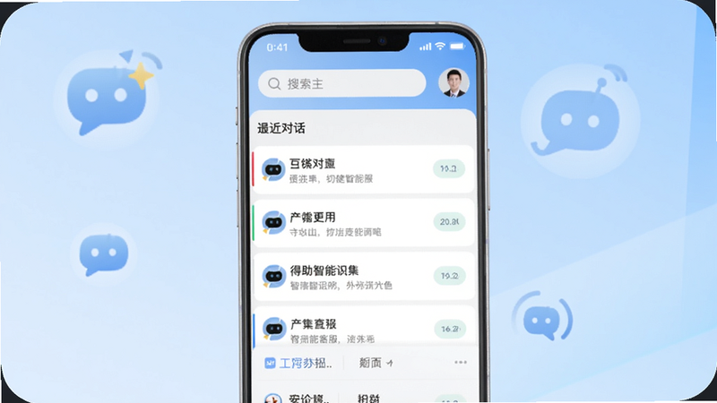 一张展示得助智能客服手机版主界面的截图,画面中央是最近对话列表,上方有搜索栏和用户头像,背景为浅蓝色渐变,整体风格简约现代,突出智能客服的便捷性与实时性。
