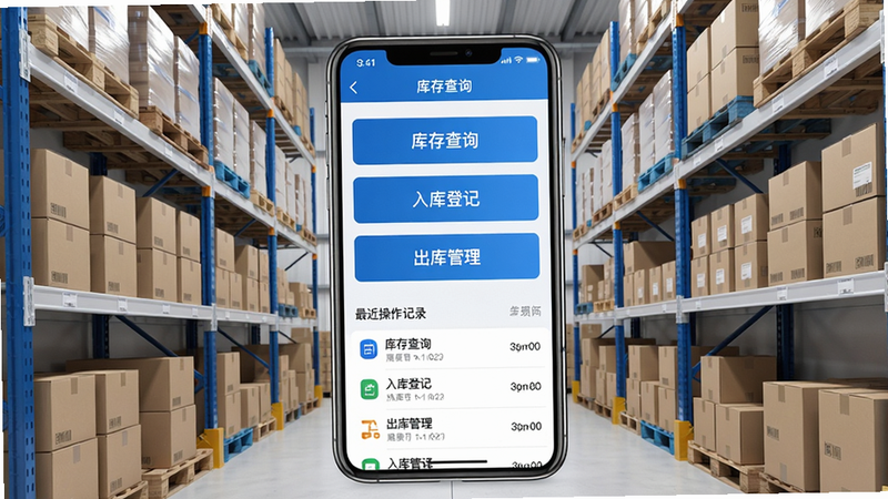 生成一张多客仓管端的主界面截图,画面中心展示手机屏幕内库存管理主面板,背景为整洁的现代化仓库货架,货架上有整齐堆放的商品盒。画面色调以蓝色和白色为主,体现专业与高效。手机屏幕内显示“库存查询”、“入库登记”、“出库管理”三个主要功能按钮,下方有最近操作记录列表。整体风格写实,光线明亮,适配Boogu模型生成。