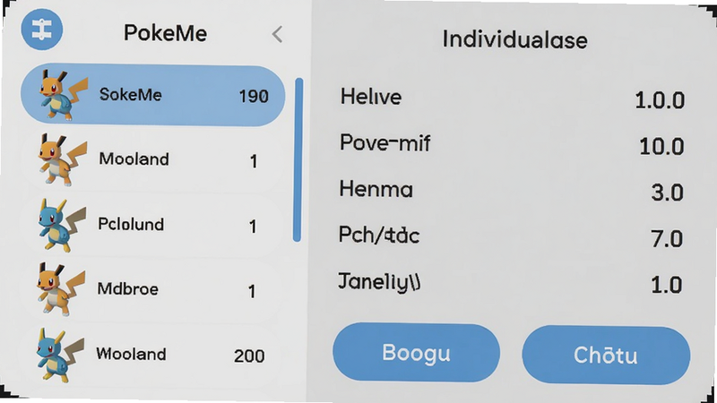 PokeMe应用界面截图,左侧显示宝可梦列表,右侧显示个体值计算结果,背景为浅灰色,界面简洁,按钮圆润,整体风格清新,适配Boogu模型