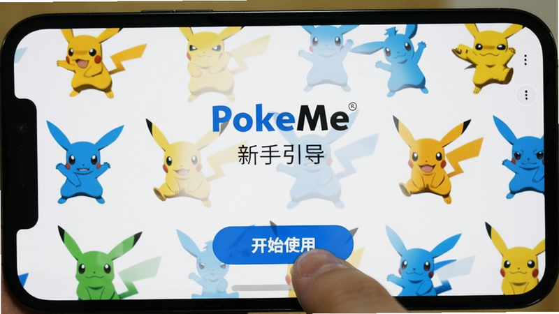 手机屏幕显示PokeMe新手引导界面,手指点击“开始使用”按钮,背景为宝可梦剪影图案,整体明亮色调。