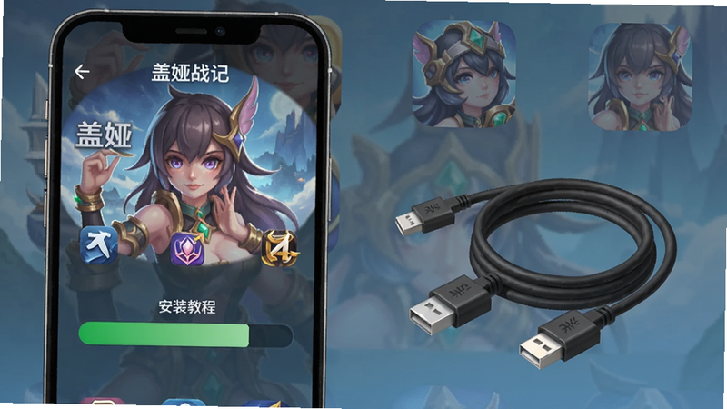 盖娅战记安装教程步骤图,手机界面显示安装进度条,背景有游戏图标,旁边放着数据线连接示意图,适配Boogu模型生成。