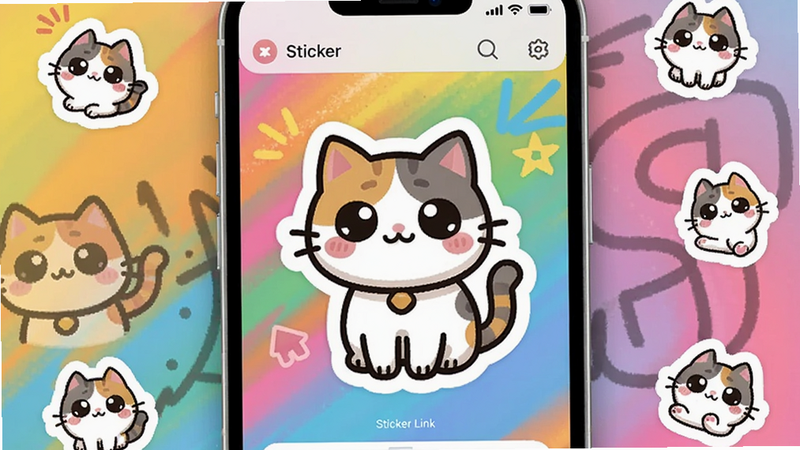 一个智能手机屏幕显示Sticker Link应用界面,画面中央有一个可爱的卡通猫贴纸,背景是彩色渐变的涂鸦风格,整体明亮活泼,手机边框为银色,周围散落着几个小贴纸图标。适配Boogu模型。