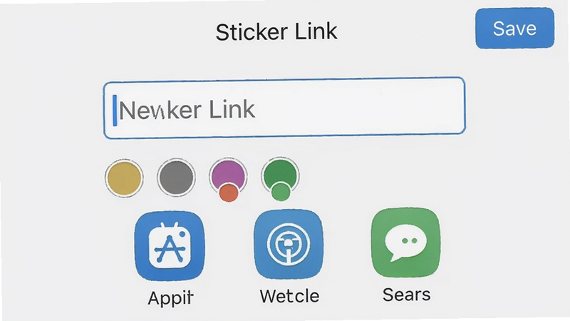 一张手机截图,显示Sticker Link的新建贴纸界面,界面中央有一个输入框,下方有颜色选择器和链接类型图标(应用、网址、短信),右上角有保存按钮,整体UI简洁,背景为浅灰色。