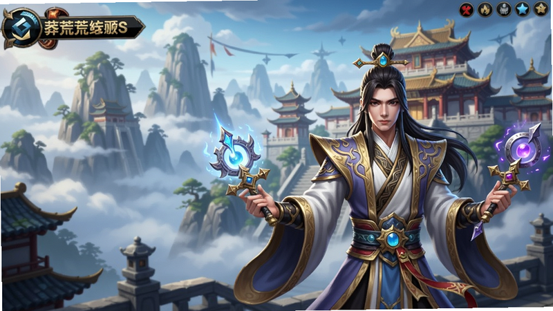 莽荒传奇游戏主界面场景预览,背景为云雾缭绕的仙山与宏伟的宗门建筑,前景角色身着华丽仙袍,手持法宝,画面色彩鲜明,细节精致,适合Boogu模型生成