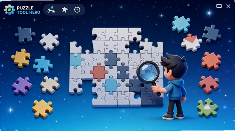 Puzzle Tool Hero 解谜工具主界面,画面中央是未完成的拼图棋盘,各种形状的拼图块散落四周,背景为渐变的深蓝色星空,左上角有软件Logo和工具按钮,整体科技感、明亮简洁,人物角色手持放大镜站在棋盘旁。