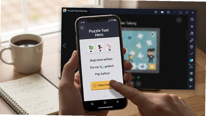 Puzzle Tool Hero 使用教程场景,手机屏幕显示解谜步骤引导界面,手指正在点击提示按钮,背景为模拟器窗口,桌面有咖啡杯和笔记本,光线柔和。