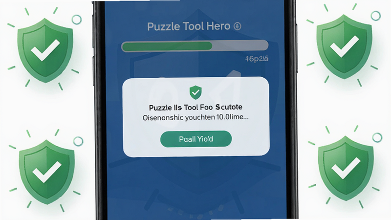 Puzzle Tool Hero 安全验证界面,手机屏幕显示权限申请弹窗,背景为安装进度条,周围有绿色盾牌图标表示安全,整体风格清新信任感。