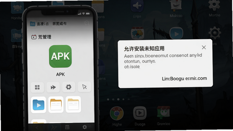 莽荒传奇手游安装步骤示意图,手机屏幕显示文件管理器中的APK图标,旁边有“允许安装未知应用”的弹窗,背景是深色桌面,简洁明了,适配Boogu模型生成。