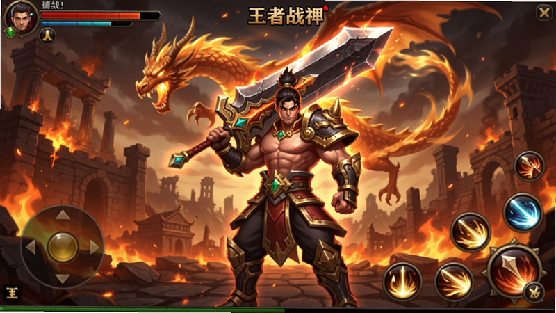 一张《王者战神》游戏主界面预览图,画面中央站着一个手持巨剑的男性角色,背后是燃烧的古城废墟和飞舞的龙形特效,UI布局清晰,血条、技能按钮在屏幕四周,色调以红金为主,展现战斗氛围。