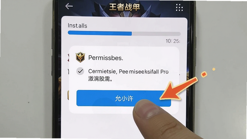 一张智能手机屏幕截图,显示《王者战神》安装过程中弹出的权限请求界面,手指正点击“允许”按钮,背景是安装进度条,画面干净清晰,附带箭头标注。