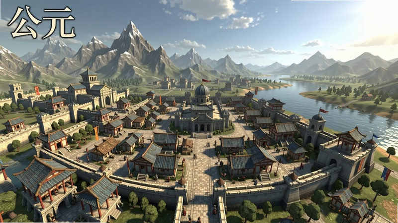 公元游戏全景截图,画面中央是一座繁荣的古代城市,背景有山脉和河流,左上角显示游戏标题